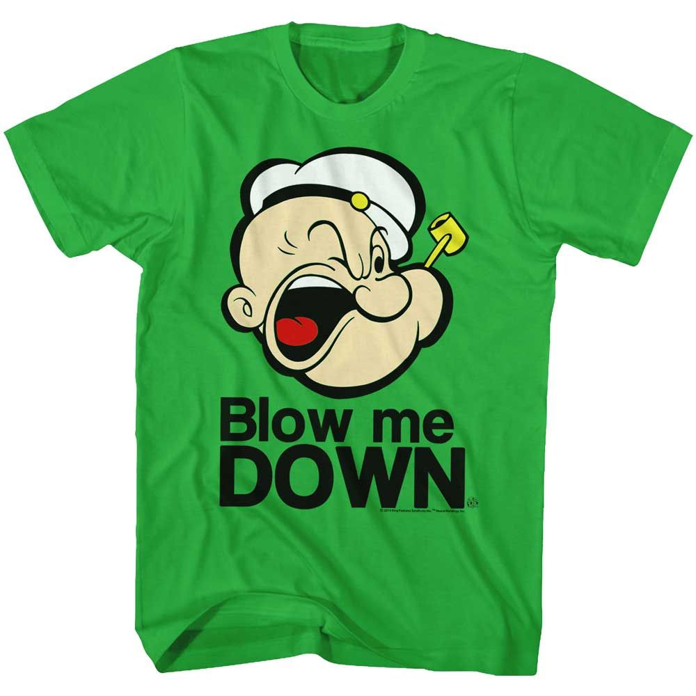 Kelly Green Popeye t-shirt featuring a Blow Me Down design