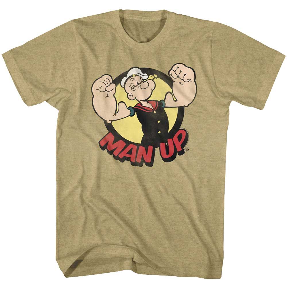 Khaki Heather Popeye t-shirt featuring a Man Up design
