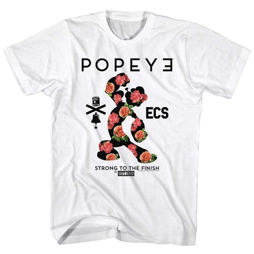 White Popeye t-shirt featuring a Popeye Flowerman design