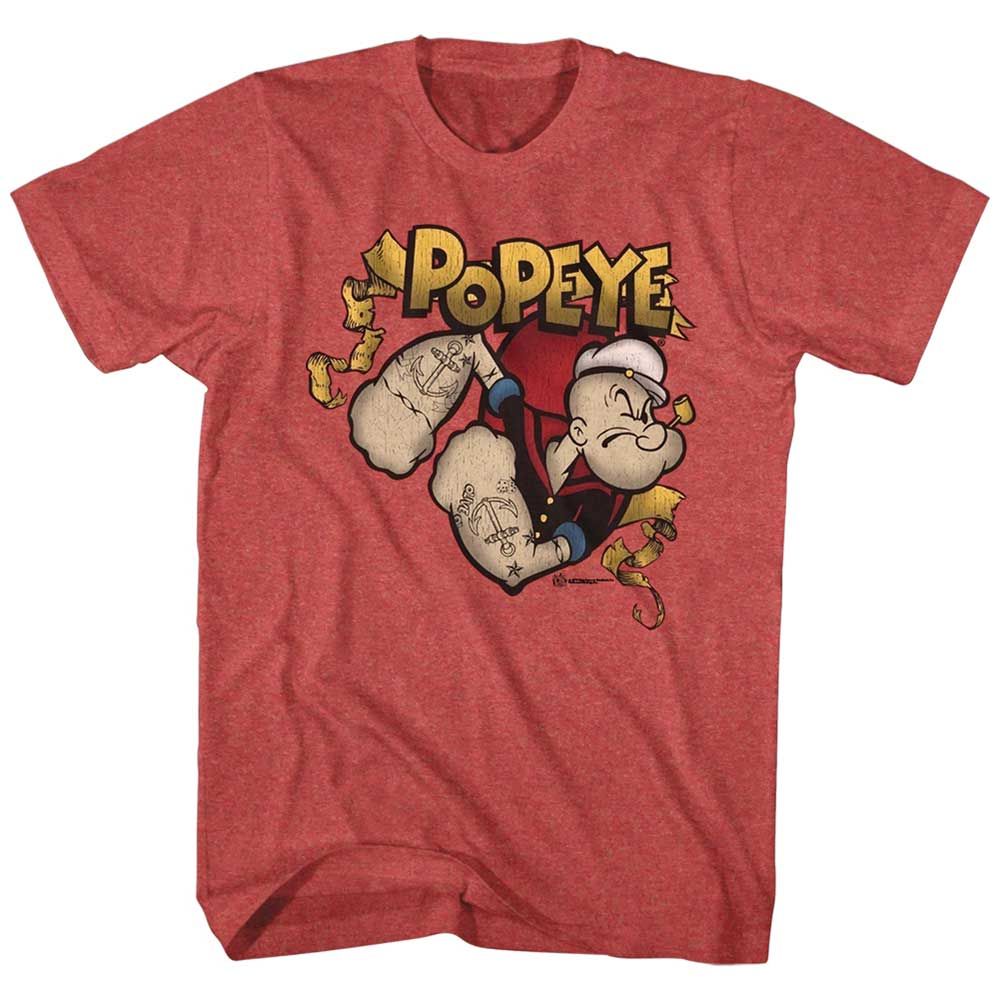Red Heather Popeye t-shirt featuring a Gold Banner design