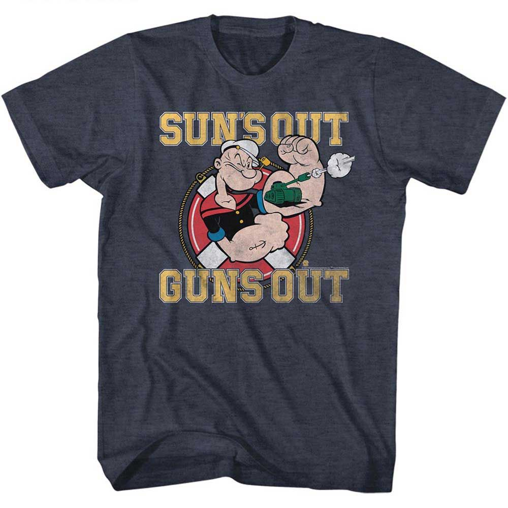 Navy Heather Popeye t-shirt featuring a Suns Out Guns Out design