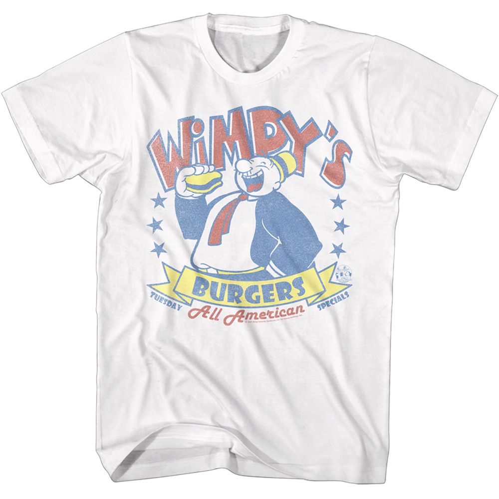 White Popeye t-shirt featuring a Wimpy's Burgers design