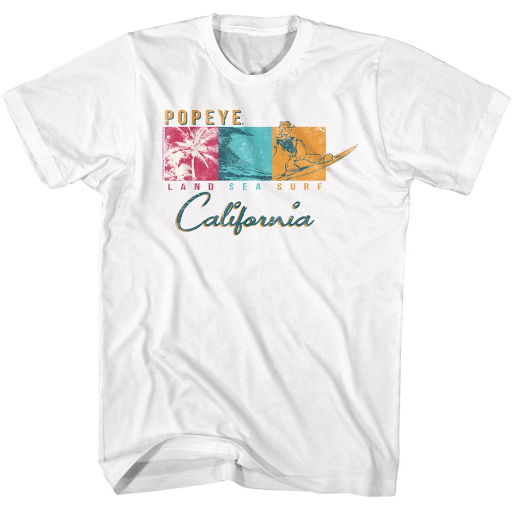 White Popeye t-shirt featuring a Land Sea Surf design