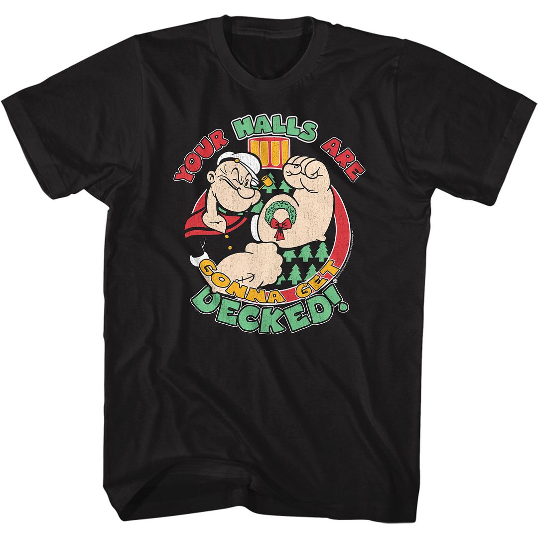Black Popeye t-shirt featuring a Popeye You're Gonna Get Decked design