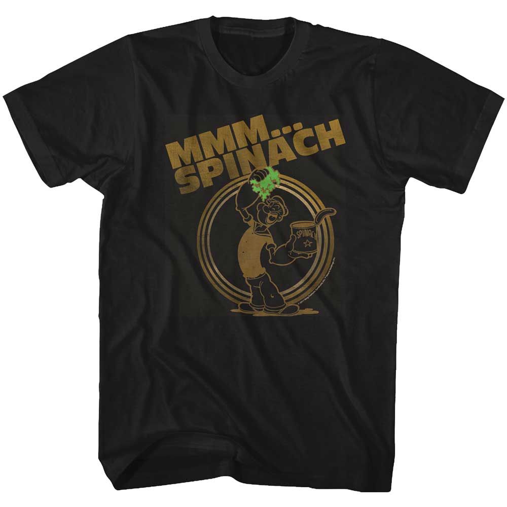 Black Popeye t-shirt featuring a Mmm Spinach design