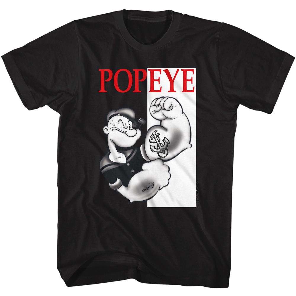 Black Popeye t-shirt featuring a Popeye Box design