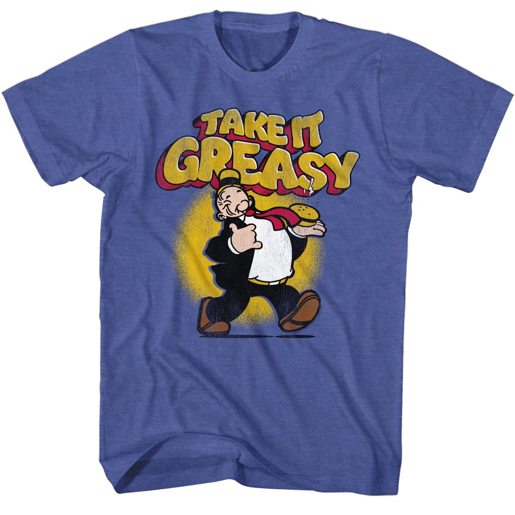 Royal Heather Popeye t-shirt featuring a Take It Greasy design