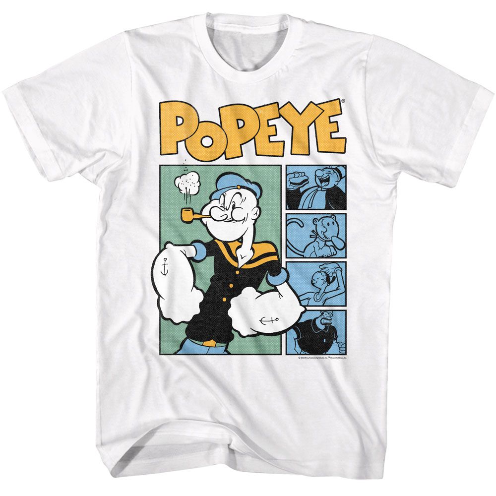 White Popeye t-shirt featuring a Popeye Boxes design