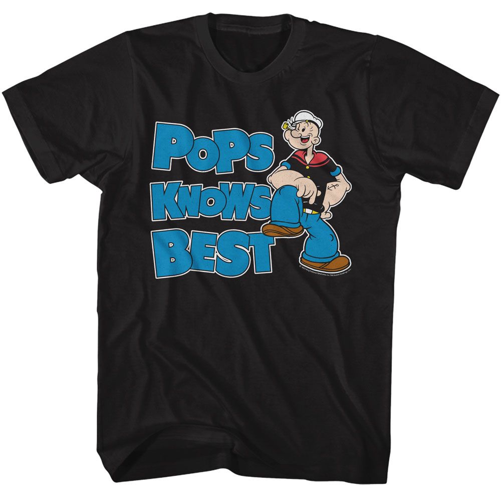 Black Popeye t-shirt featuring a Pops Knows Best design