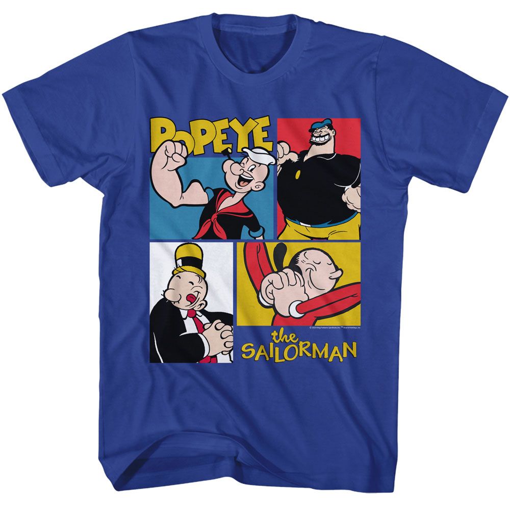 Royal Blue Popeye t-shirt featuring a Popeye Character Squares design
