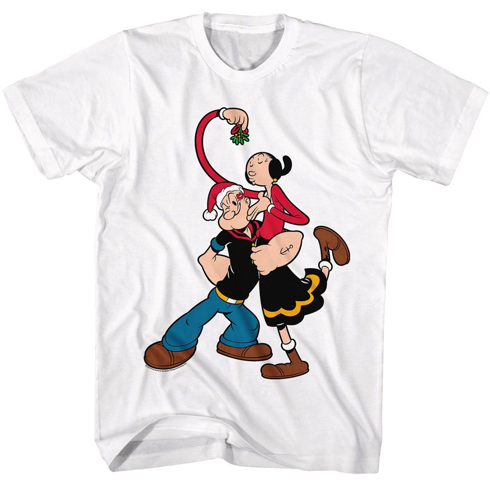 White Popeye t-shirt featuring a Popeye Mistletoe design