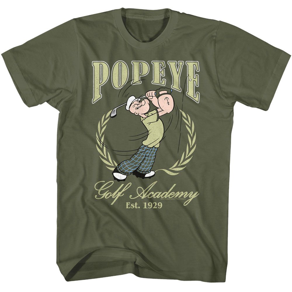 Military Green Popeye t-shirt featuring a Popeye Golf Academy design