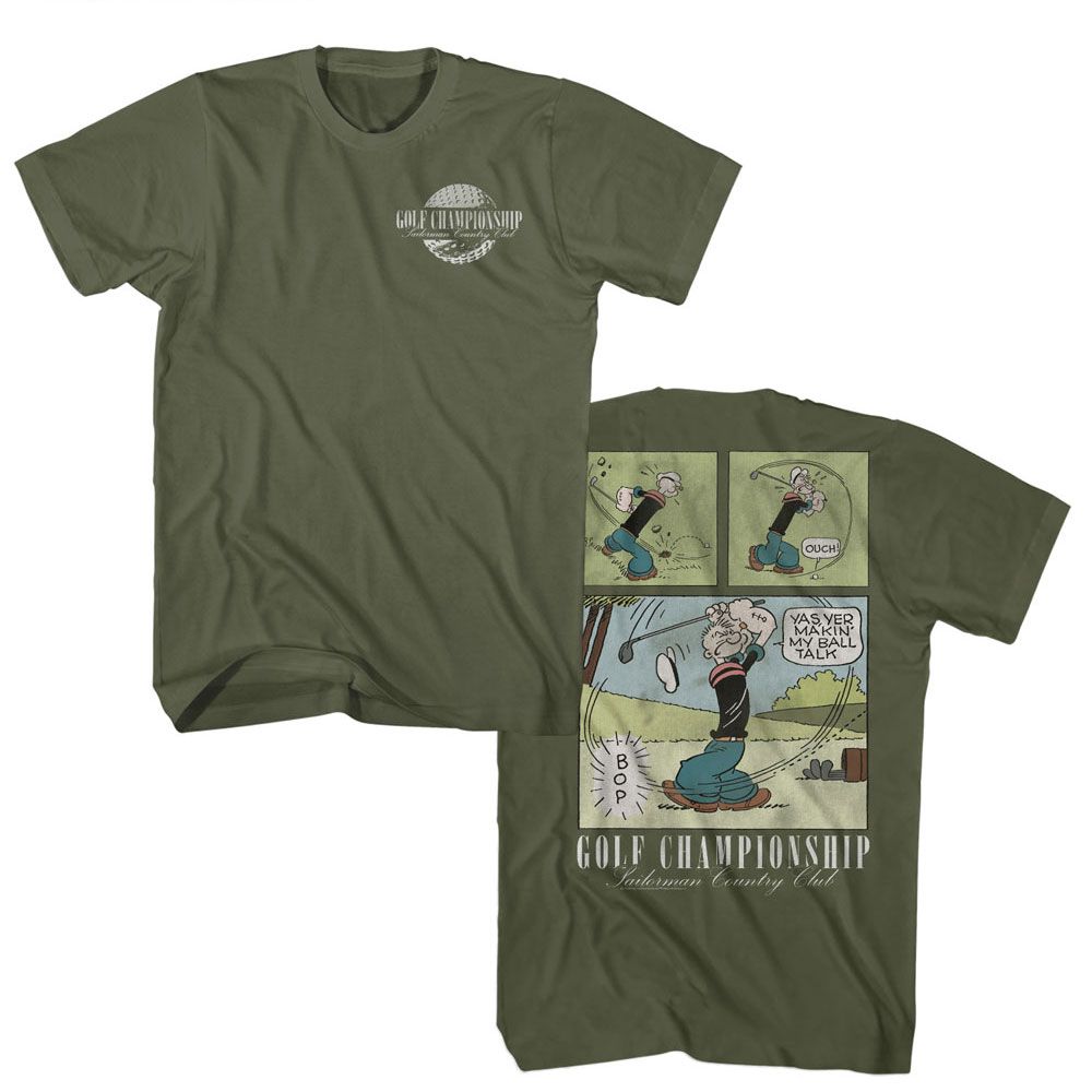 Military Green Popeye t-shirt featuring a Popeye Golf Comic design