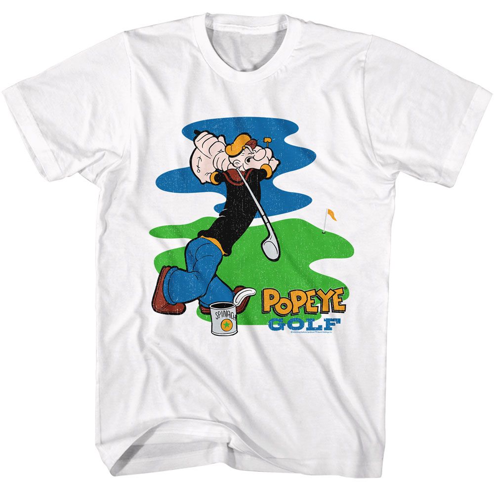 White Popeye t-shirt featuring a Pop Golf design