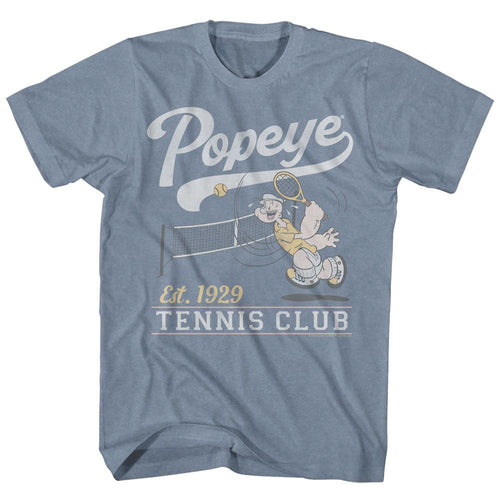 Indigo Heather Popeye t-shirt featuring a Popeye Tennis Club Est 1929 design