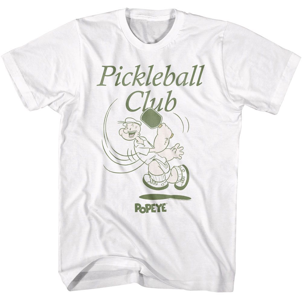 White Popeye t-shirt featuring a Popeye Pickleball Club design