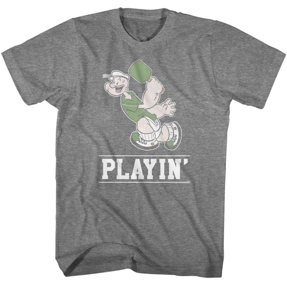 Graphite Heather Popeye t-shirt featuring a Popeye Playin design