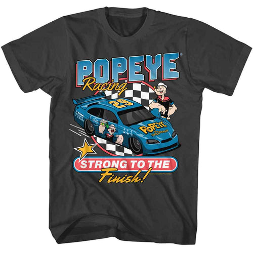 Smoke Gray Popeye t-shirt featuring a Strong to Race Finish design