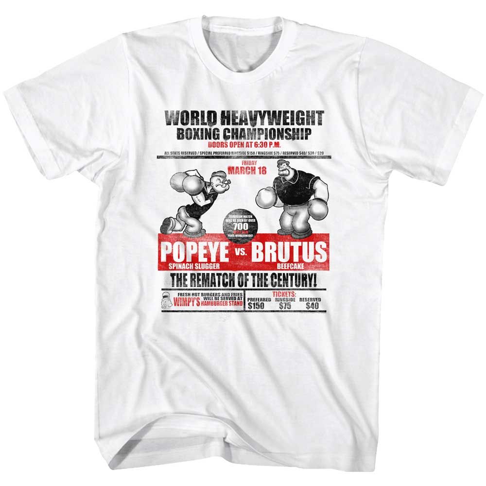 White Popeye t-shirt featuring a Popeye vs. Brutus design