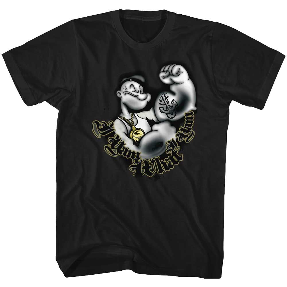 Black Popeye t-shirt featuring an I Yam design