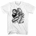 White Popeye t-shirt featuring an Iron Arm design