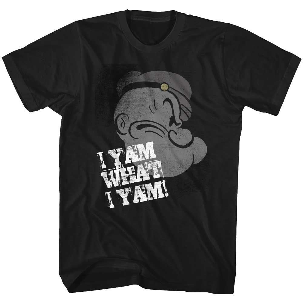 Black Popeye t-shirt featuring a Profile I Yam design