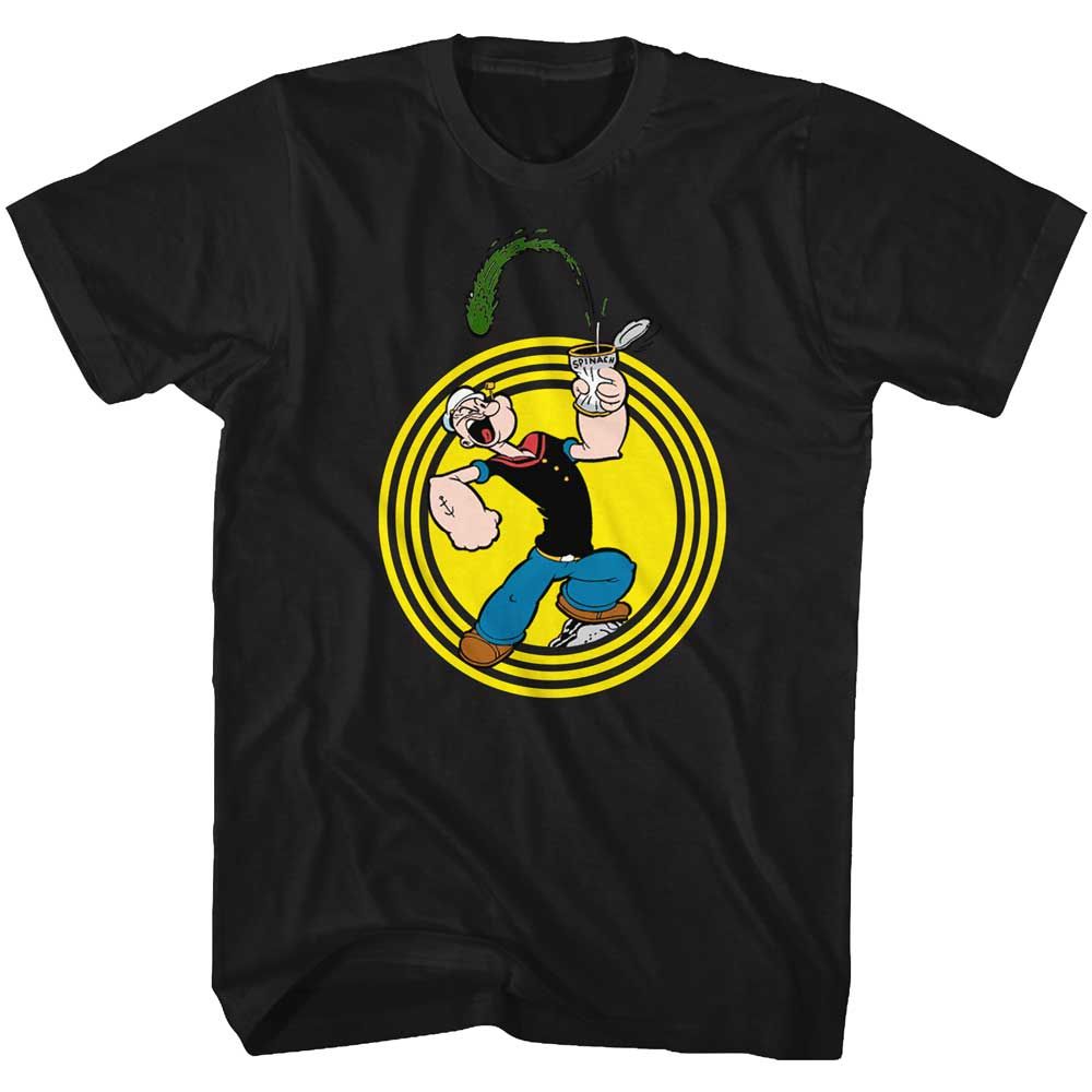 Black Popeye t-shirt featuring a Spinach Circle design