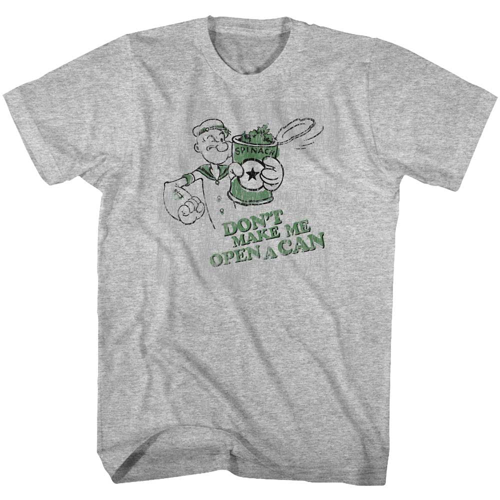 Gray Heather Popeye t-shirt featuring an Open a Can design