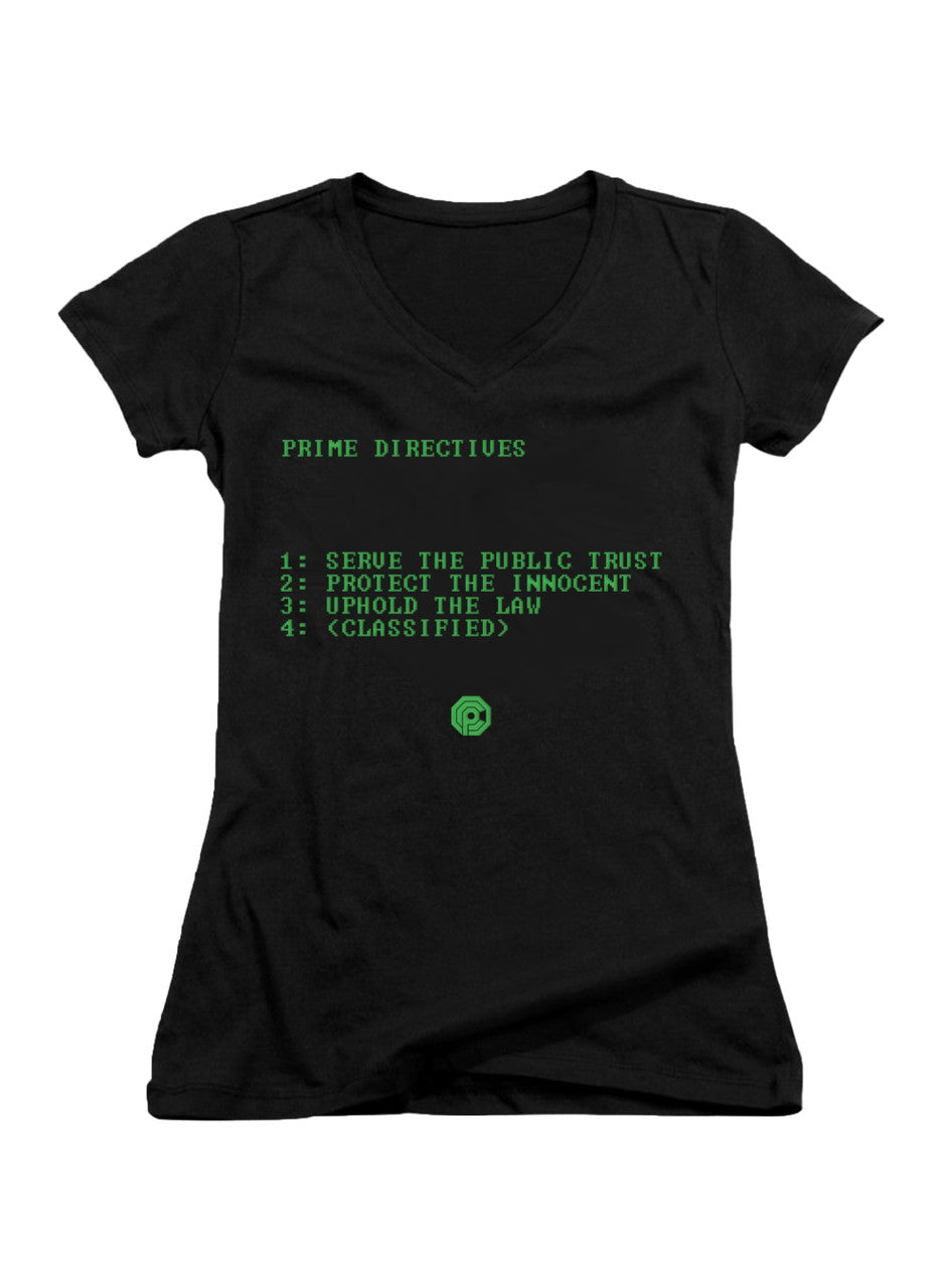 Black Prime Directives Juniors V-Neck T-Shirt