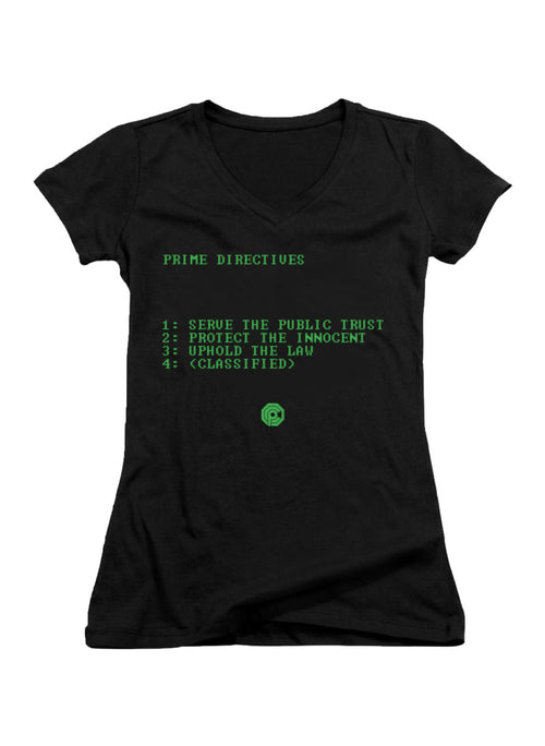 Black Prime Directives Juniors V-Neck T-Shirt