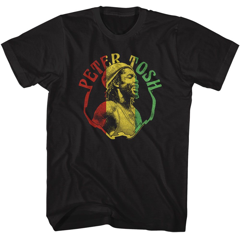 Black Peter Tosh t-shirt featuring a Peter Tosh Rasta Colors design