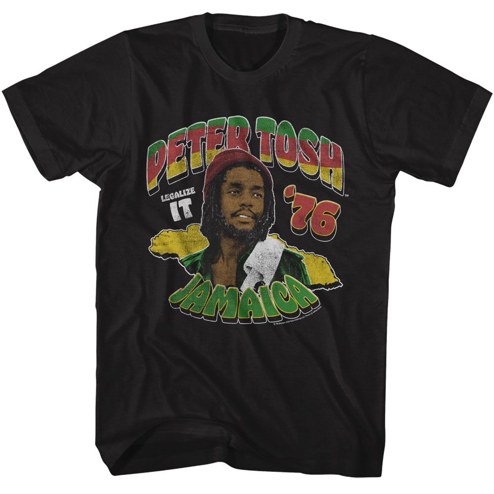 Black Peter Tosh t-shirt featuring a Legalize It 76 design