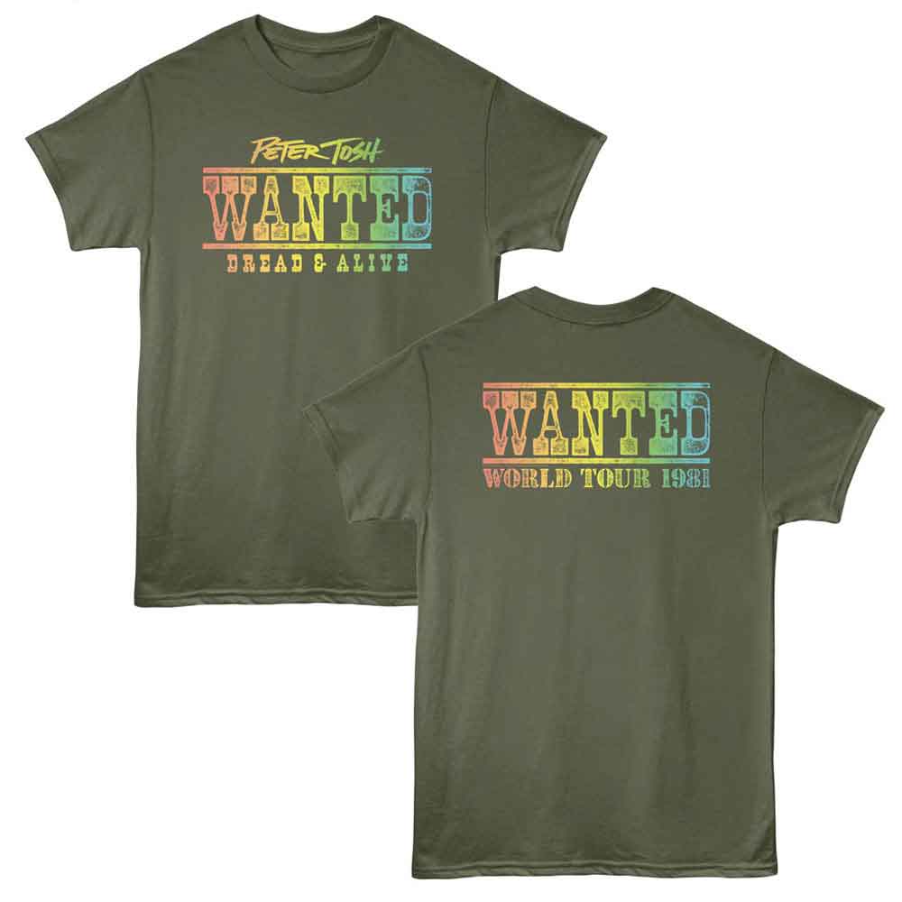 Military Green Peter Tosh t-shirt featuring a Wanted World Tour design
