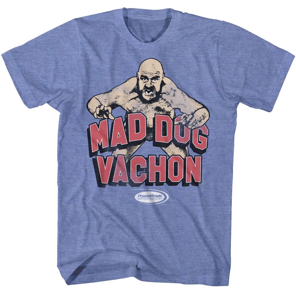 Light Blue Heather Powertown t-shirt featuring a Mad Dog Vachon illustrated design