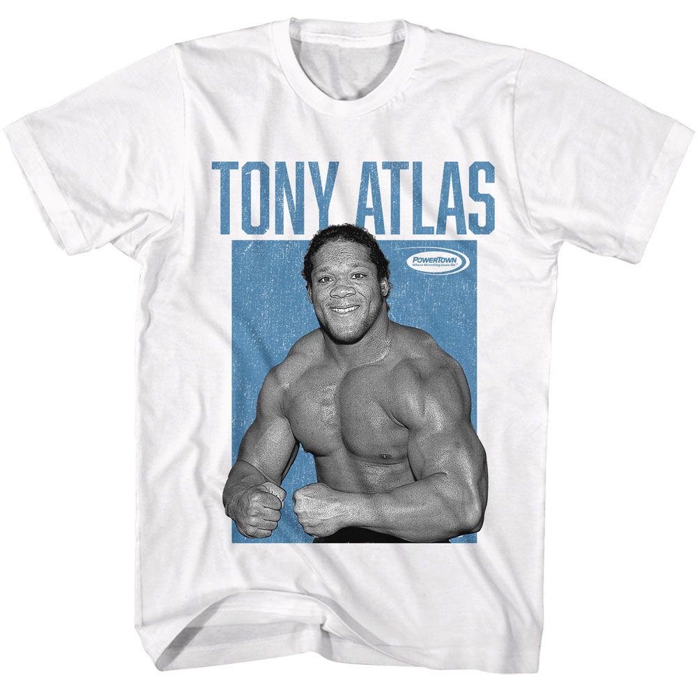 White Powertown t-shirt featuring a Tony Atlas design