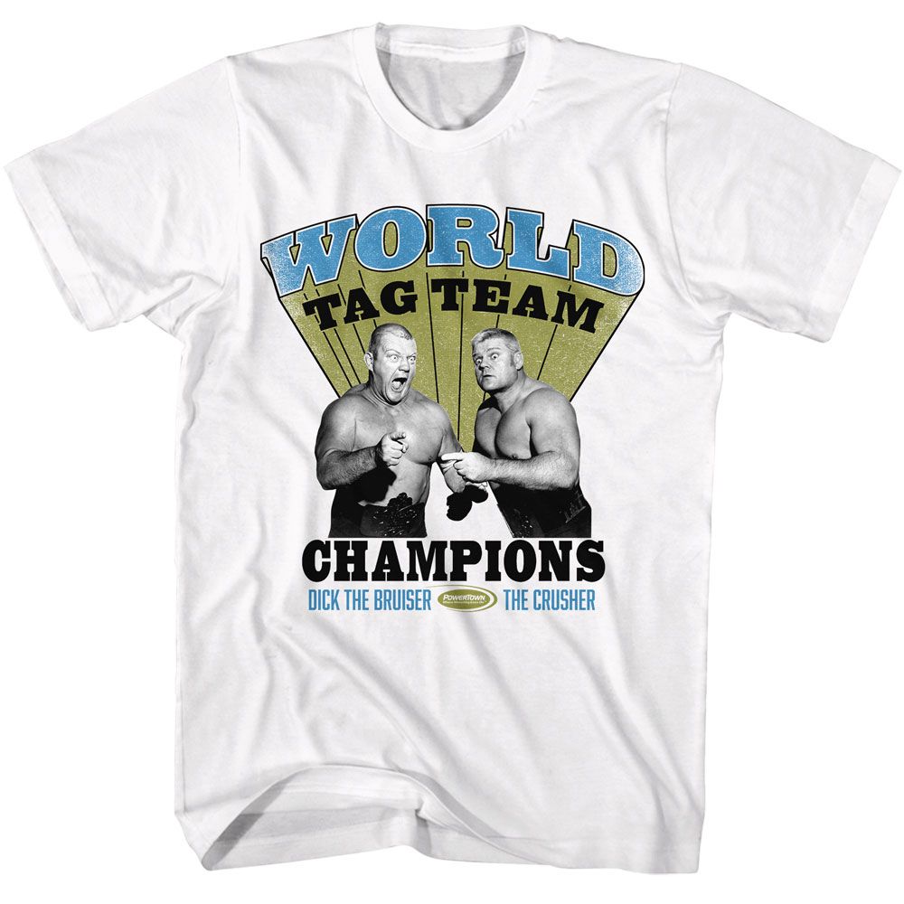 White Powertown t-shirt featuring a Tag Team Champs design