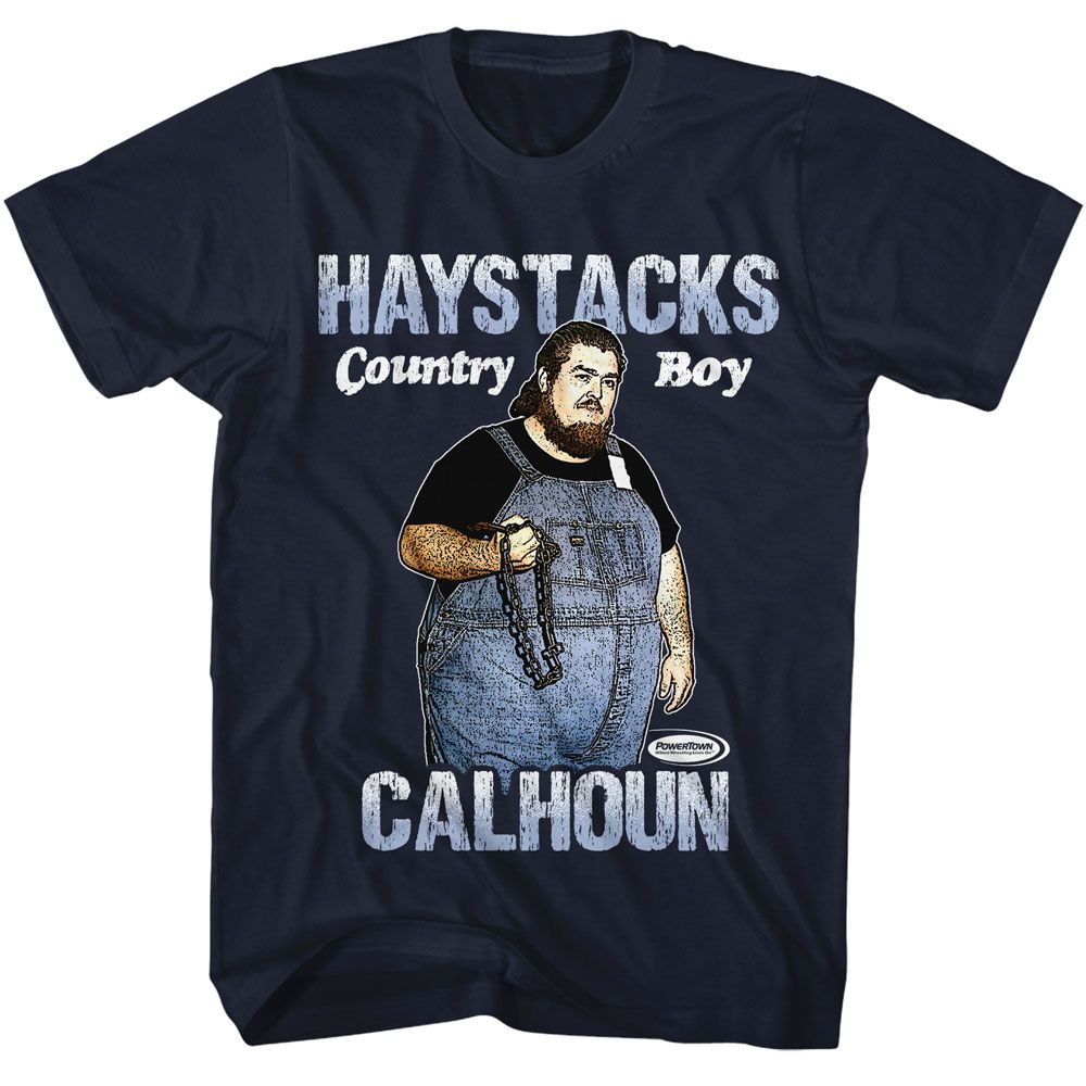 Navy Powertown t-shirt featuring a Haystacks Calhoun design