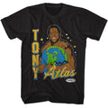 Black Powertown t-shirt featuring a Tony Atlas Holding Earth design