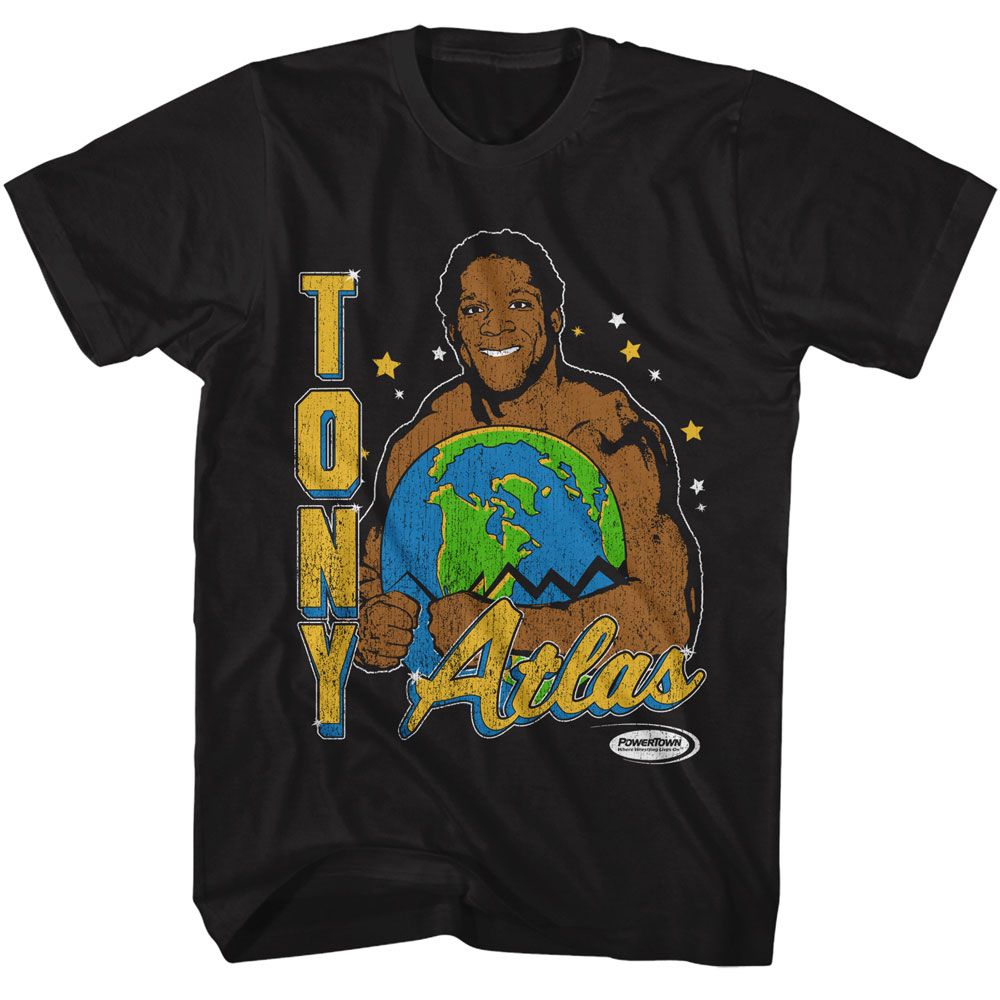 Black Powertown t-shirt featuring a Tony Atlas Holding Earth design