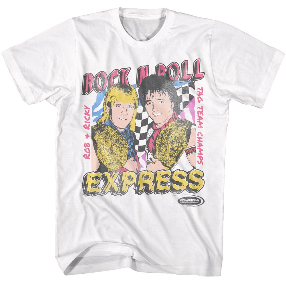 White Powertown t-shirt featuring a Rock 'n' Roll Express Tag Champs design