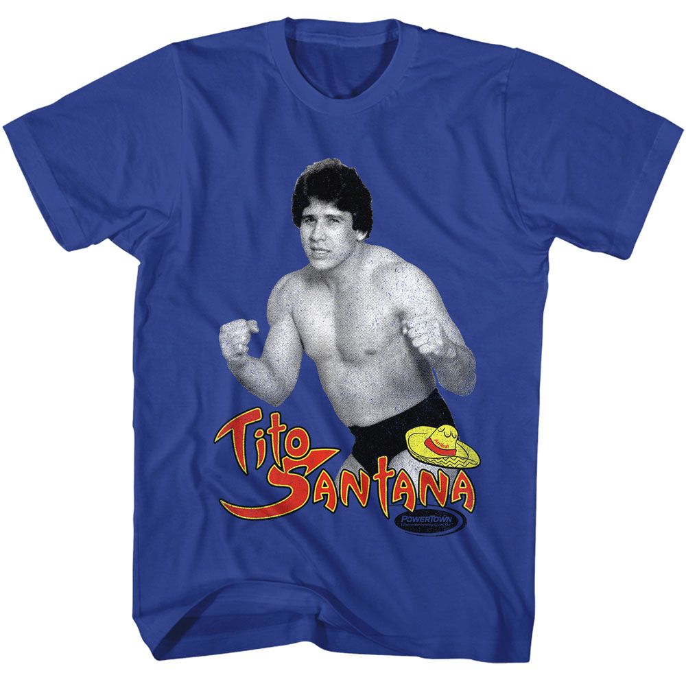 Royal Blue Powertown t-shirt featuring a Tito Santana stance design