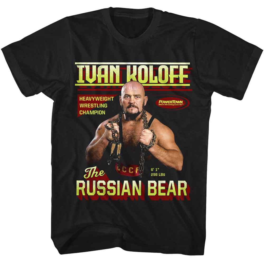 Black Powertown t-shirt featuring a Russian Bear design