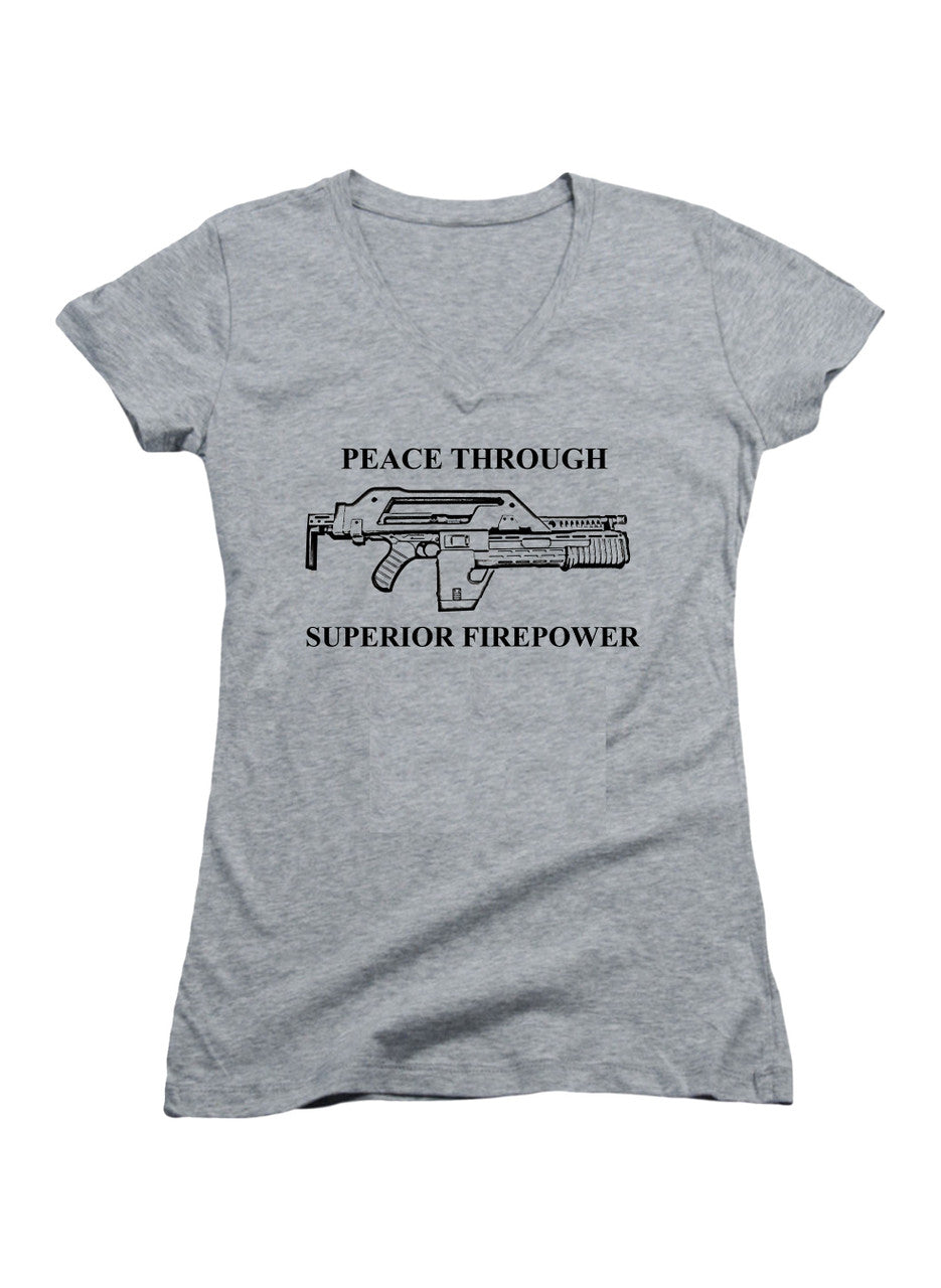 Gray Peace Through Superior Firepower Juniors V-Neck T-Shirt