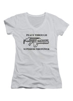 White Peace Through Superior Firepower Juniors V-Neck T-Shirt