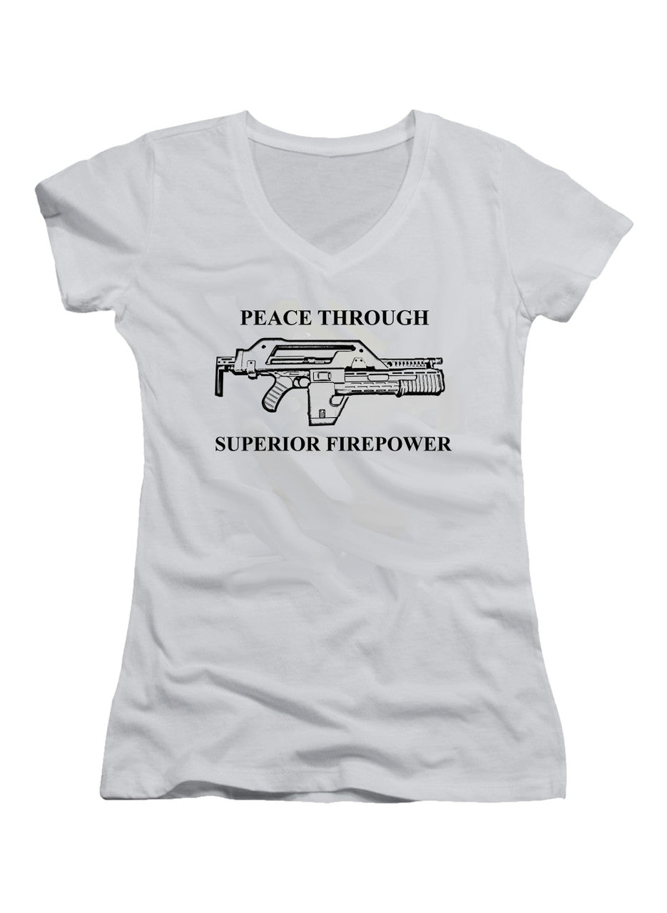 White Peace Through Superior Firepower Juniors V-Neck T-Shirt