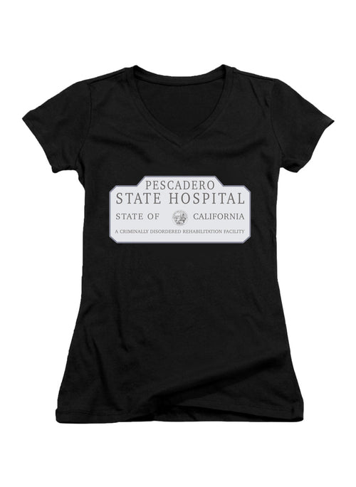 Black Pescadero State Hospital Juniors V-Neck T-Shirt