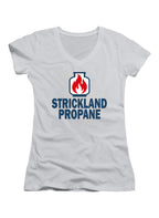 White Propane and Propane Accessories Juniors V-Neck T-Shirt