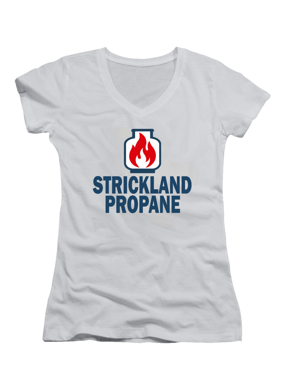 White Propane and Propane Accessories Juniors V-Neck T-Shirt