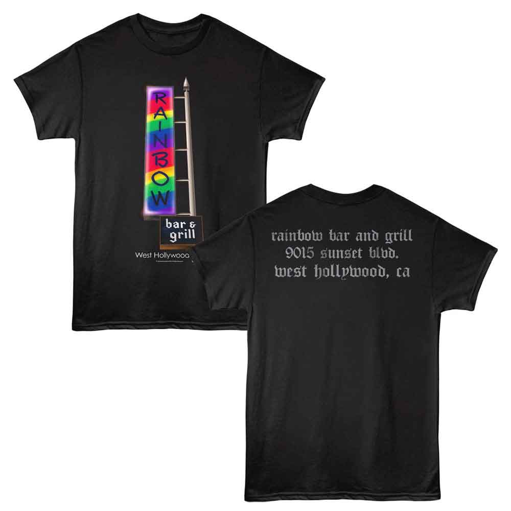 Black Rainbow Bar and Grill t-shirt featuring a Rainbow Bar and Grill tall sign design