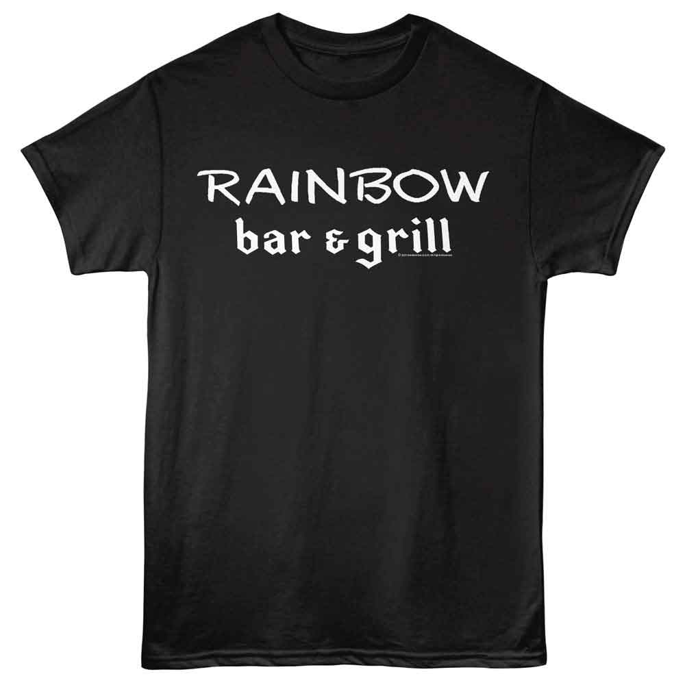 Black Rainbow Bar and Grill t-shirt featuring a Rainbow Bar and Grill logo design